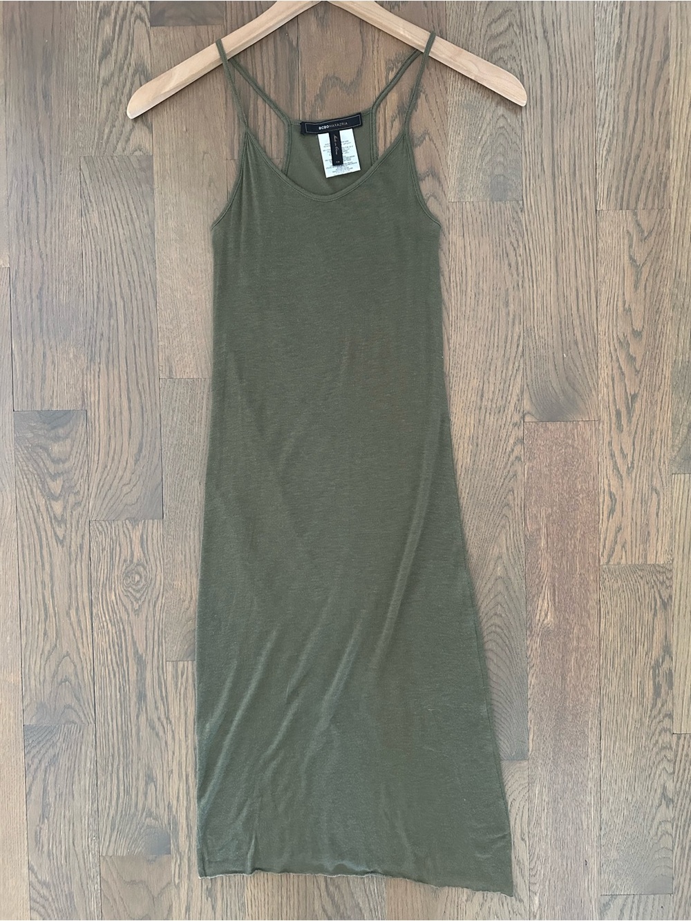 BCBGMaxAzria Kimmie Knit Sheer Racerback Tank Dress in Olive Green XS